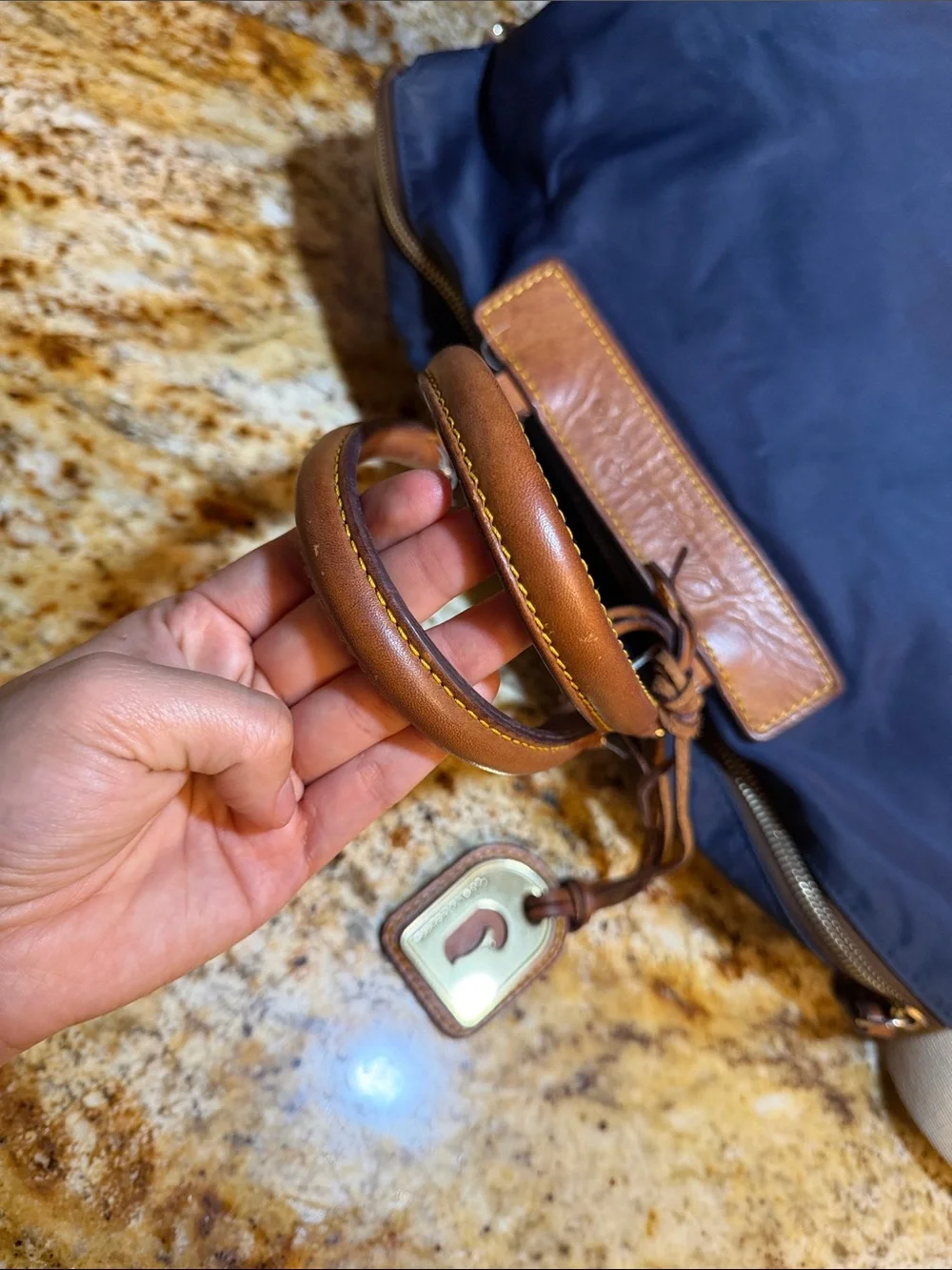 Dooney & Bourke Navy Nylon Messenger Bag with Tan Leather Trim